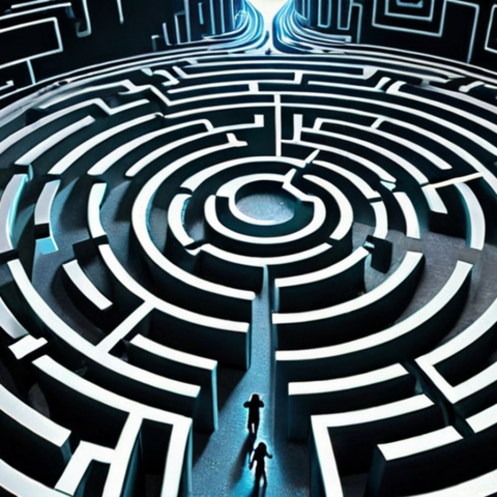 **Cybersecurity labyrinth:** A digital maze with winding paths representing the complexities of cybersecurity, glowing circuit patterns, and shadowy figures lurking, symbolizing evolving threats. Emphasis on the feeling of being overwhelmed but with a sense of order emerging.