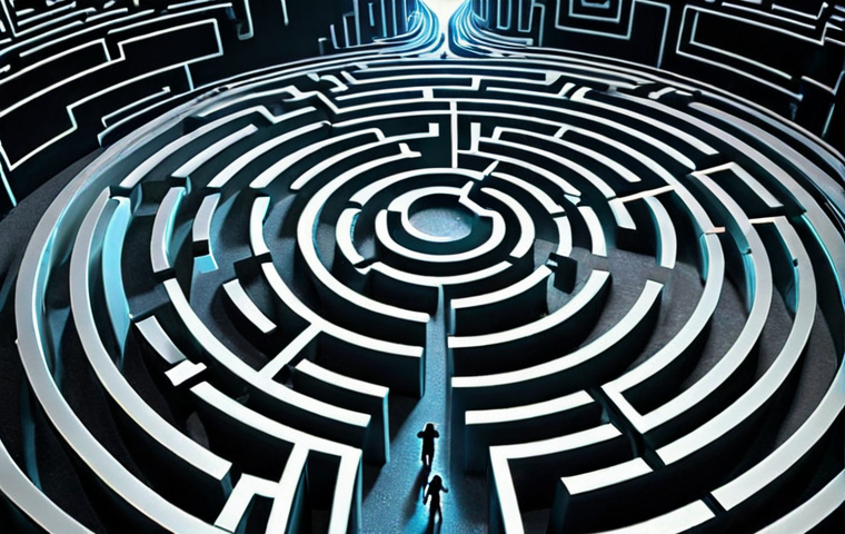**Cybersecurity labyrinth:** A digital maze with winding paths representing the complexities of cybersecurity, glowing circuit patterns, and shadowy figures lurking, symbolizing evolving threats. Emphasis on the feeling of being overwhelmed but with a sense of order emerging.