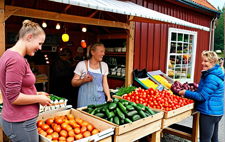 **
A vibrant farmers market in the Swedish countryside. Focus on fresh, locally grown produce displayed on wooden stalls. Happy customers interact with the farmers, who are showcasing organic vegetables and homemade crafts. Include a "Gårdsbutik" sign and a sense of community. The scene should evoke a feeling of "hållbar konsumtion" (sustainable consumption).
**