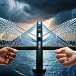 An abstract, dynamic visual representing global financial interconnectedness and resilience. A sturdy yet flexible 'global bridge' spans across continents, with digital data streams and blockchain-like patterns weaving through it, symbolizing fintech and transparent systems. Subtle storm clouds hint at past crises, while bright, interconnected nodes signify international cooperation and coordinated action. Diverse hands, representing different nations and institutions, are symbolically reinforcing the bridge, emphasizing joint effort and diplomacy to navigate economic turbulence. The overall mood is one of proactive stability and collaborative innovation in a fast-paced world.