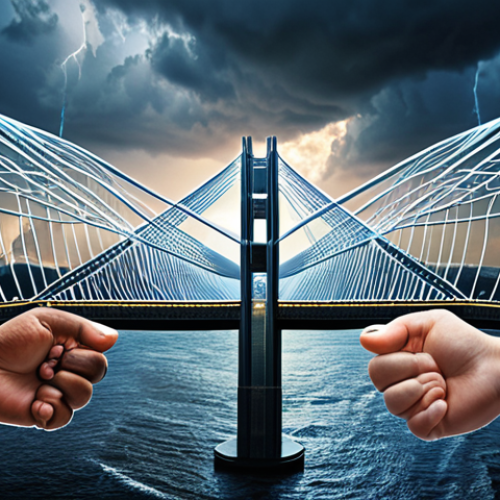 Home 7 An abstract, dynamic visual representing global financial interconnectedness and resilience. A sturdy yet flexible 'global bridge' spans across continents, with digital data streams and blockchain-like patterns weaving through it, symbolizing fintech and transparent systems. Subtle storm clouds hint at past crises, while bright, interconnected nodes signify international cooperation and coordinated action. Diverse hands, representing different nations and institutions, are symbolically reinforcing the bridge, emphasizing joint effort and diplomacy to navigate economic turbulence. The overall mood is one of proactive stability and collaborative innovation in a fast-paced world.
