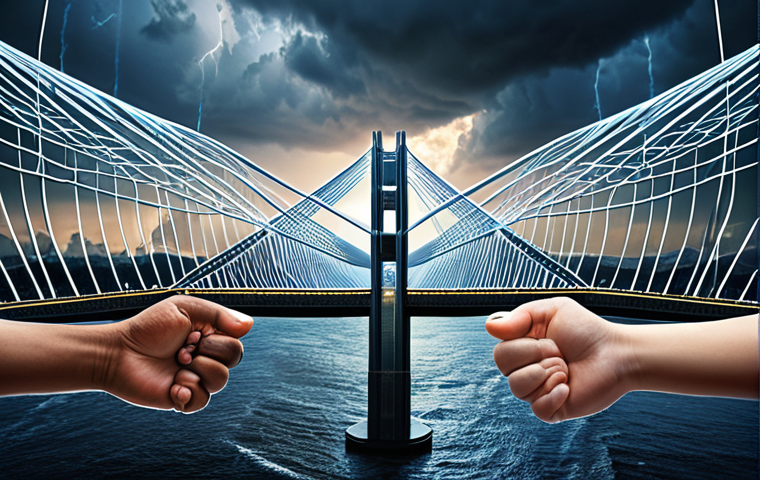 An abstract, dynamic visual representing global financial interconnectedness and resilience. A sturdy yet flexible 'global bridge' spans across continents, with digital data streams and blockchain-like patterns weaving through it, symbolizing fintech and transparent systems. Subtle storm clouds hint at past crises, while bright, interconnected nodes signify international cooperation and coordinated action. Diverse hands, representing different nations and institutions, are symbolically reinforcing the bridge, emphasizing joint effort and diplomacy to navigate economic turbulence. The overall mood is one of proactive stability and collaborative innovation in a fast-paced world.